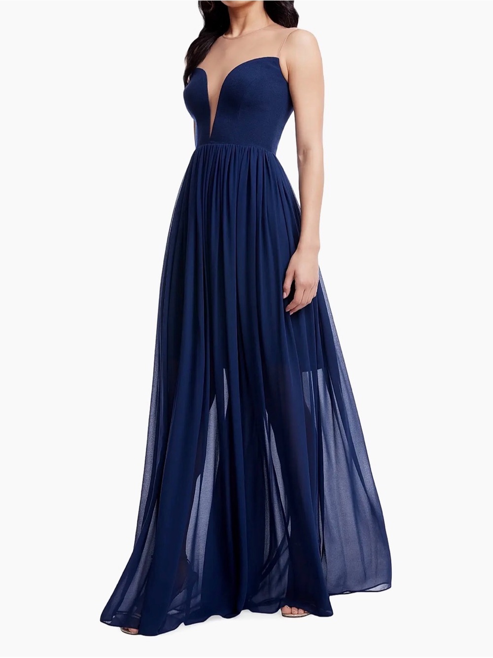 Dress The Population Eleanor Navy Blue Illusion Plunge Maxi Gown Small NWOT
